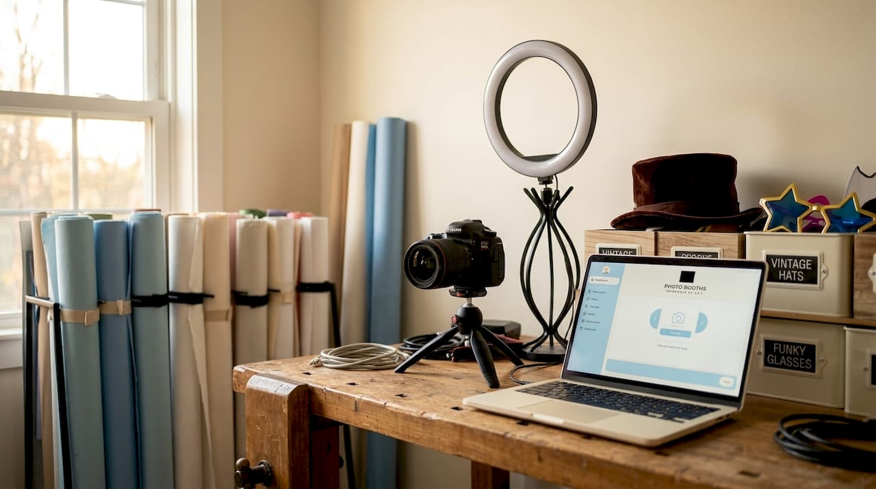 Photo booth equipment neatly arranged on table