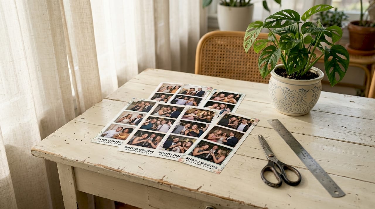 Printed photo booth template strips on wooden table
