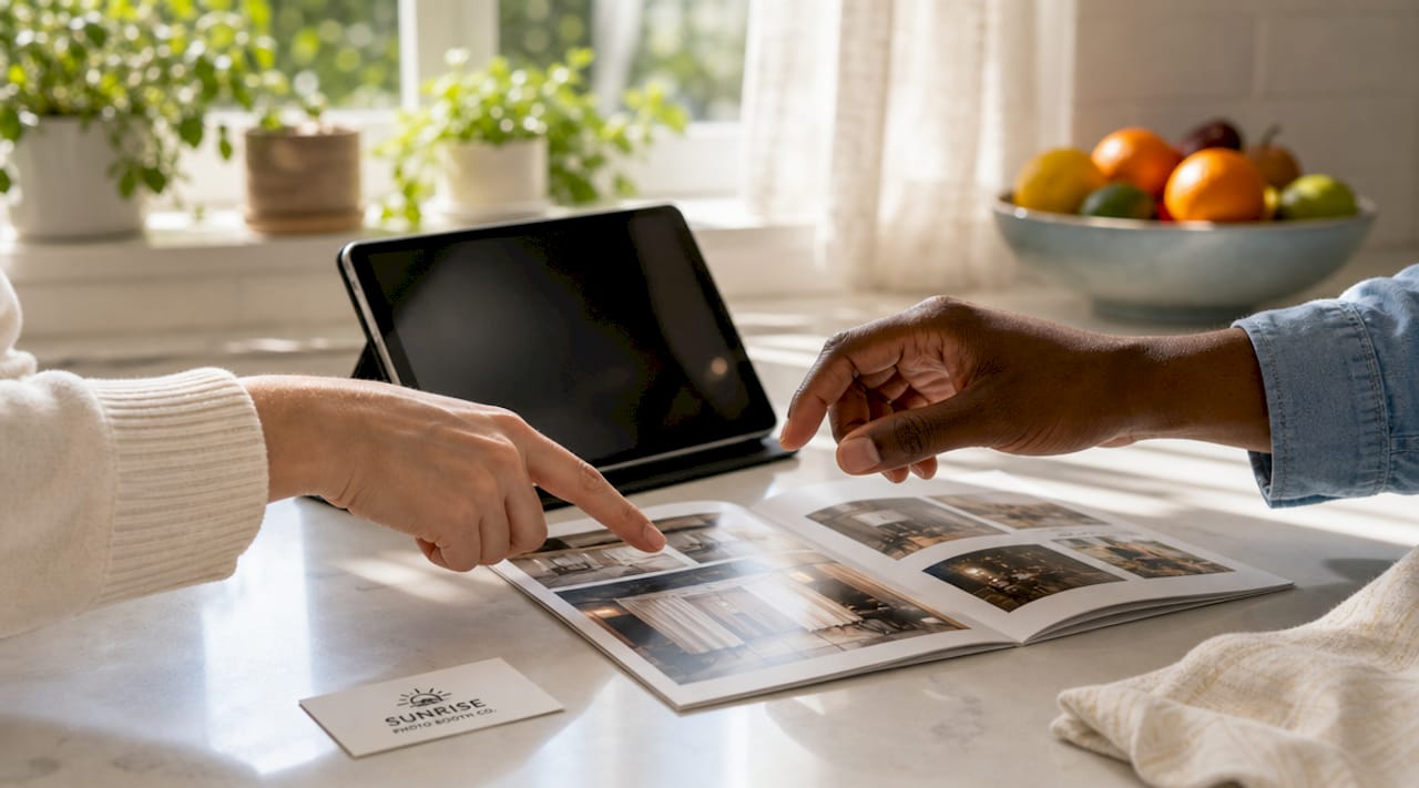 Hands interacting with tablet and brochure about photo booths