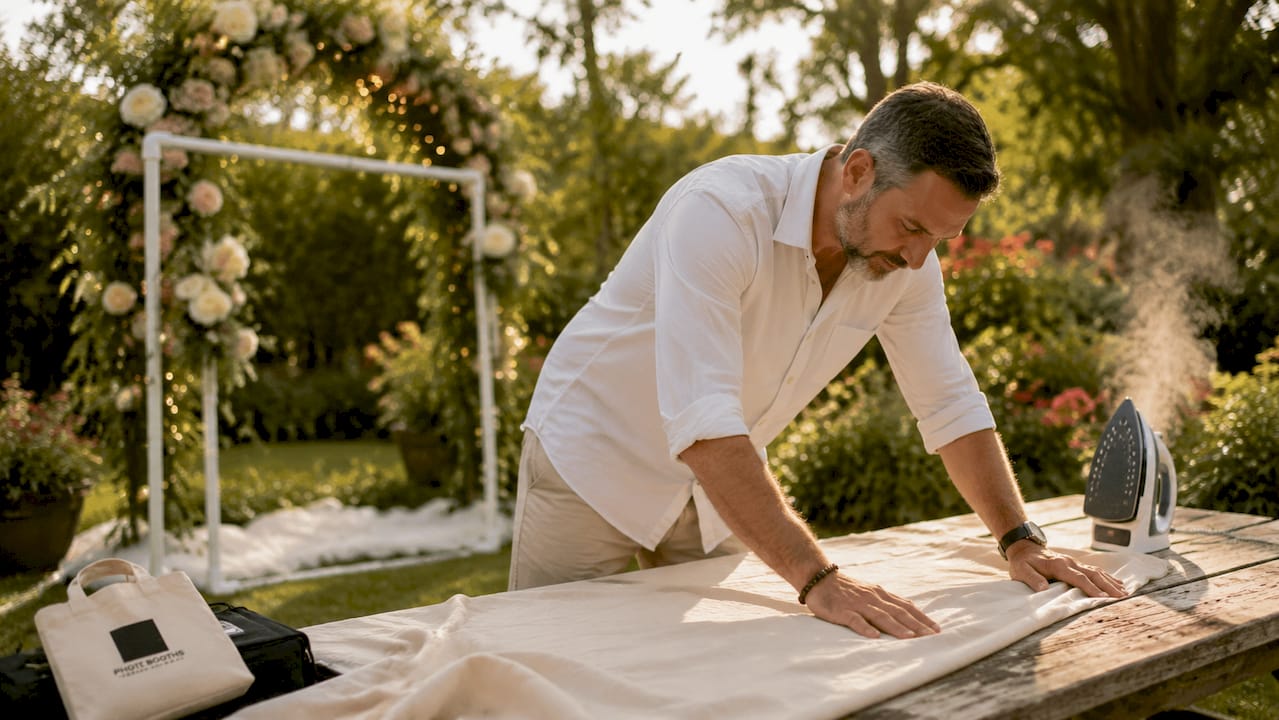 Decorator smoothing fabric backdrop indoors