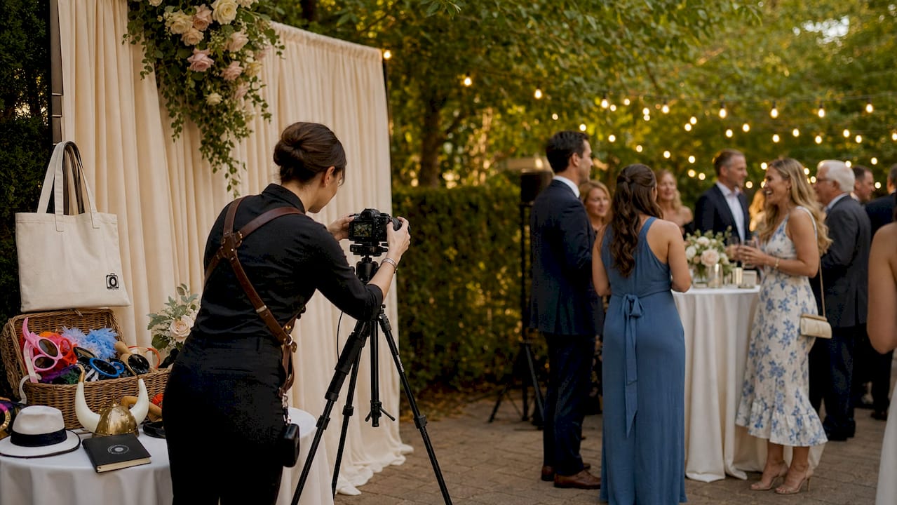 Setting up wedding photo booth near backdrop