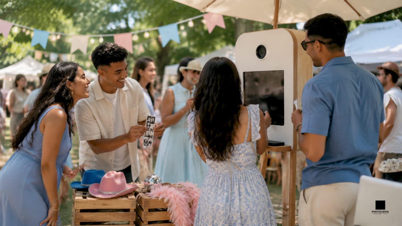 Guests interacting with outdoor portable photo booth