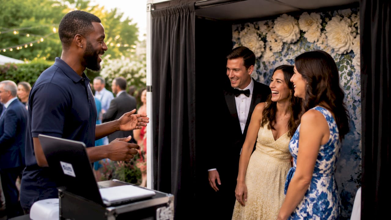 Photo booth attendant assisting event guests