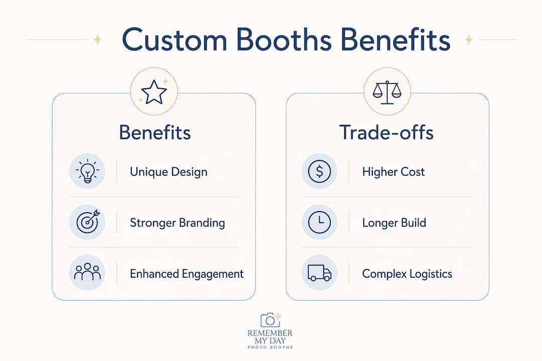 Infographic comparing benefits and trade-offs of custom booths