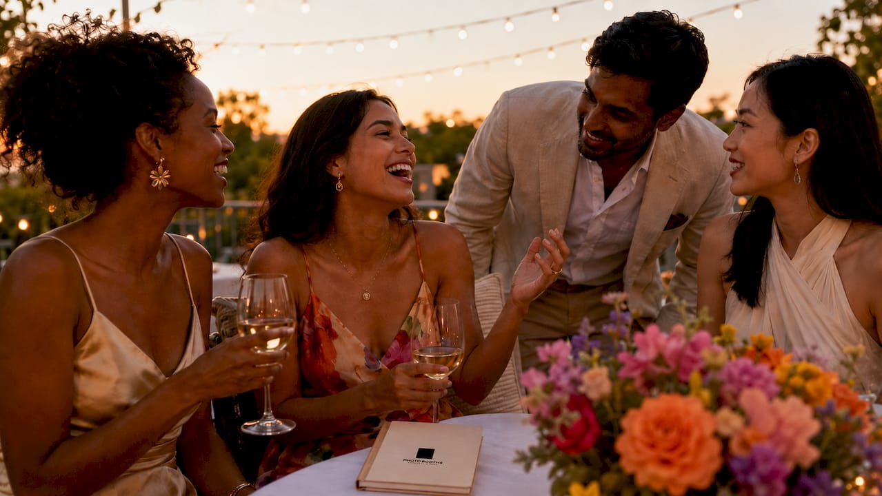 Party guests chatting in modern event space