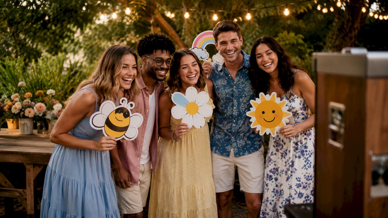 Group posing happily for photo booth picture