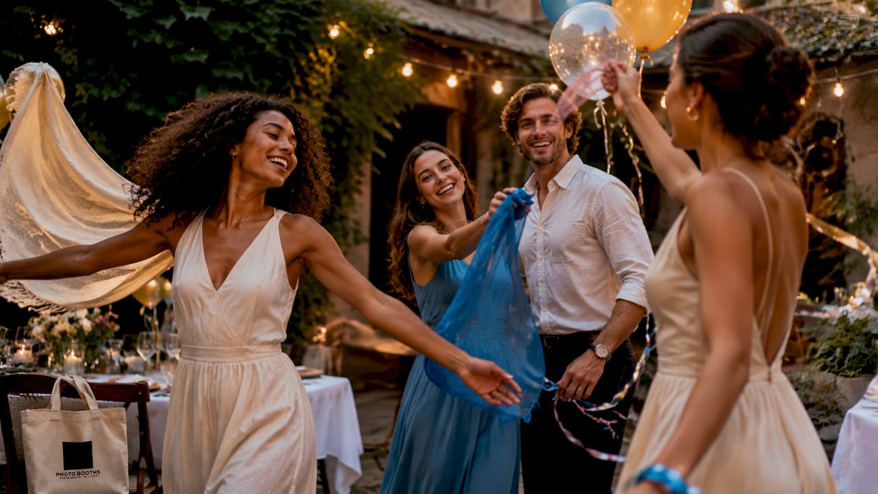 Guests playing with confetti outdoors at party slow motion