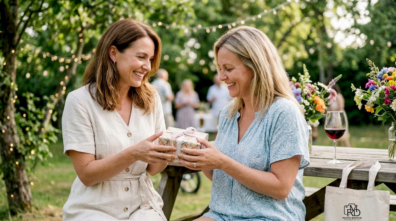 Two party guests exchanging gift