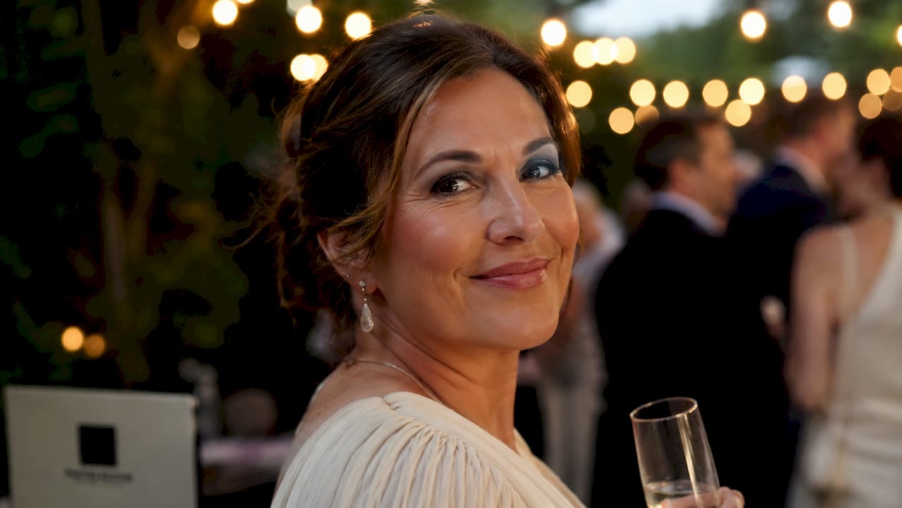 Female party guest side profile under daylight-balanced lighting