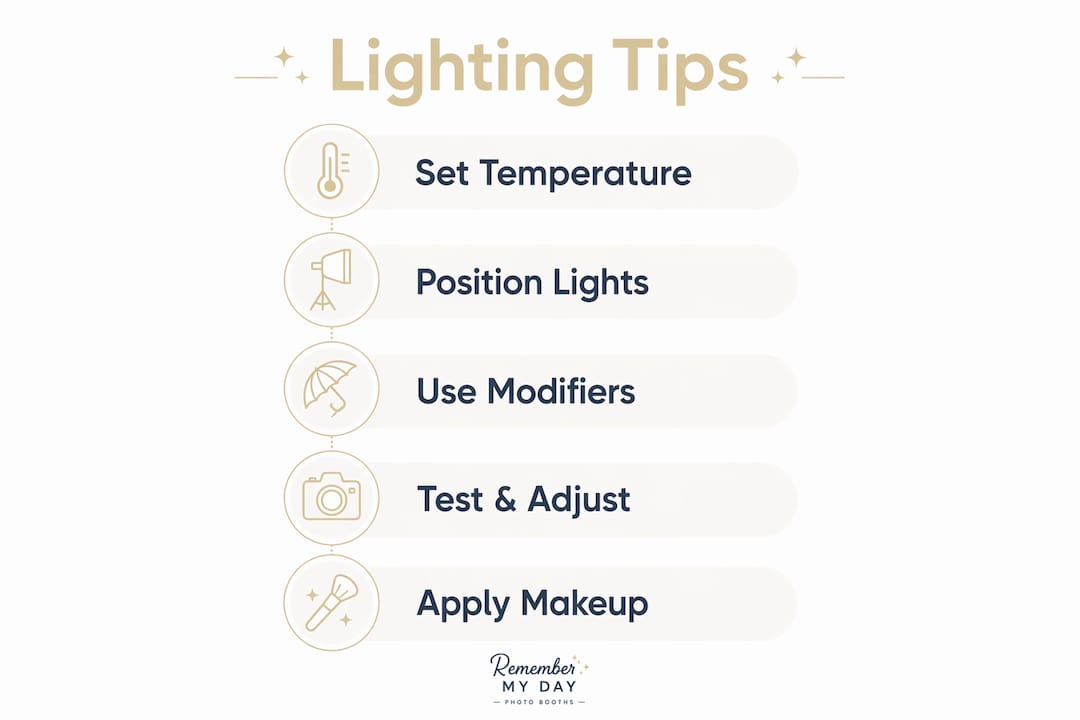 Infographic illustrating glam booth makeup-ready lighting tips