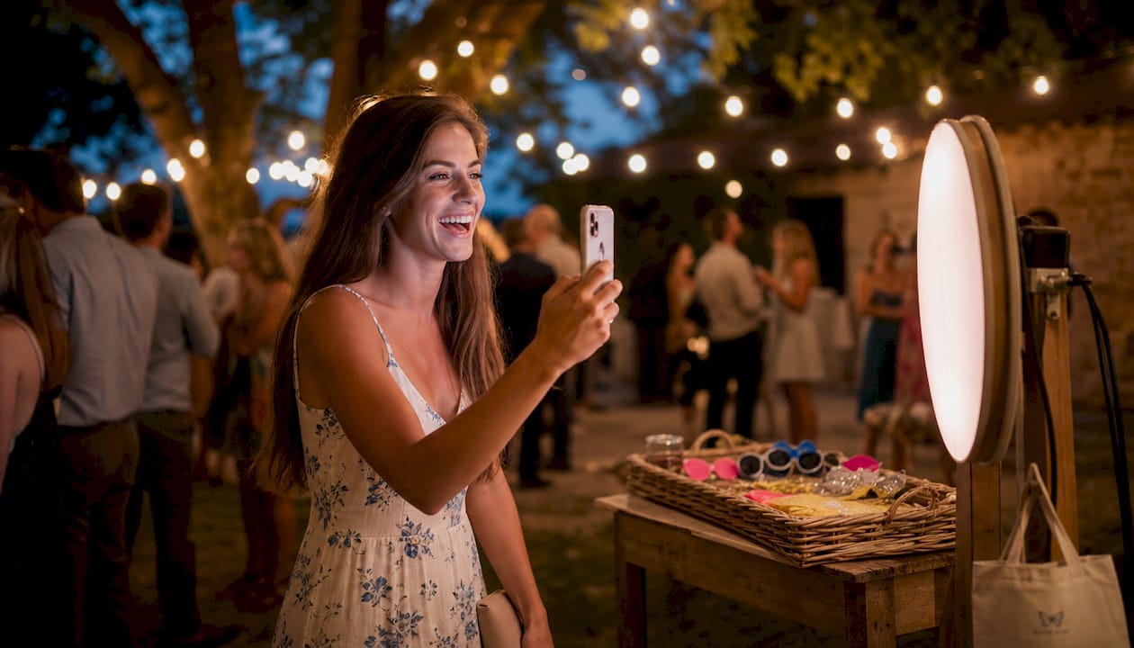 Young woman at party interacting with photo booth