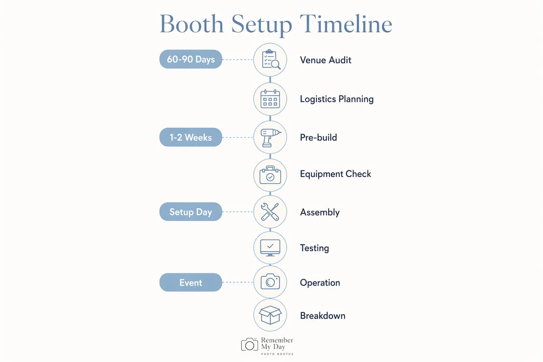 Infographic showing photo booth setup timeline steps