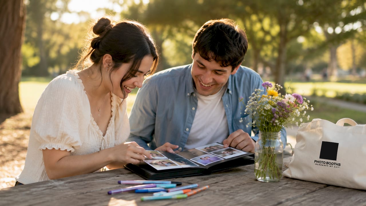 Close-up of guest hands flipping photo guestbook album
