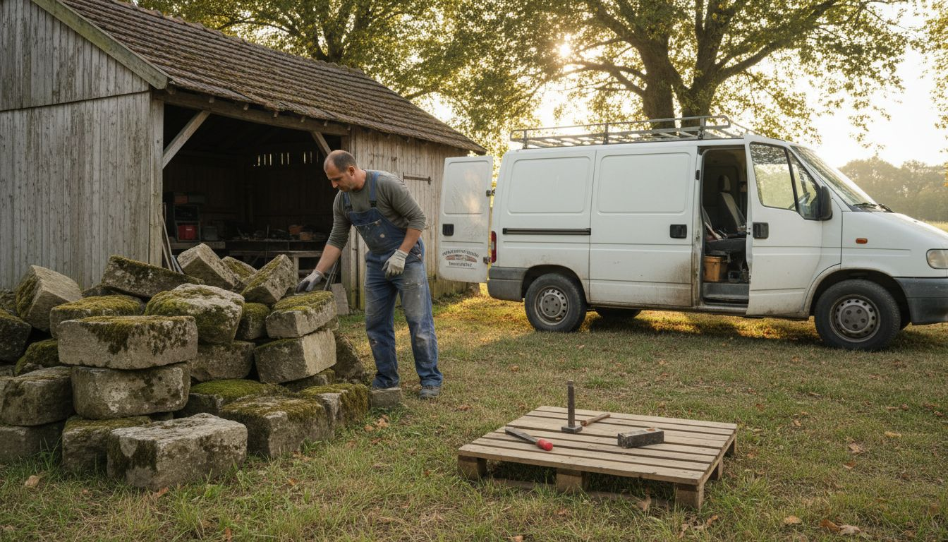 Un artisan sélectionne de vieilles pierres à côté d'un ancien abri de jardin.