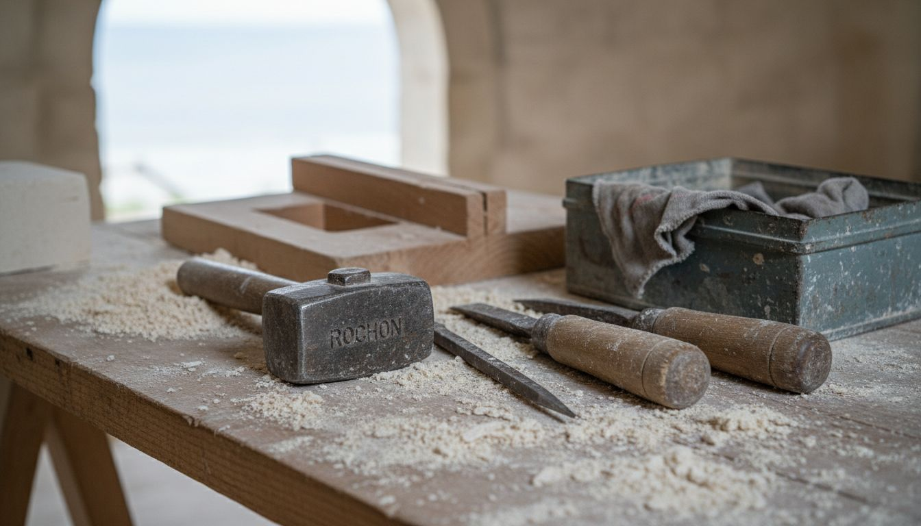 Anciens outils de tailleur de pierre disposés sur un établi