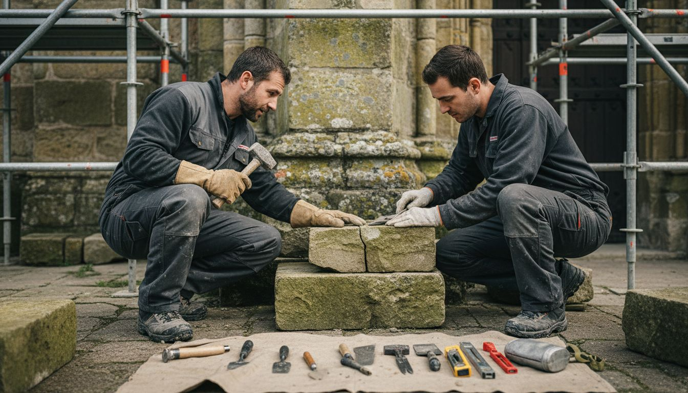 Des artisans sélectionnent avec soin les pierres destinées à la restauration.