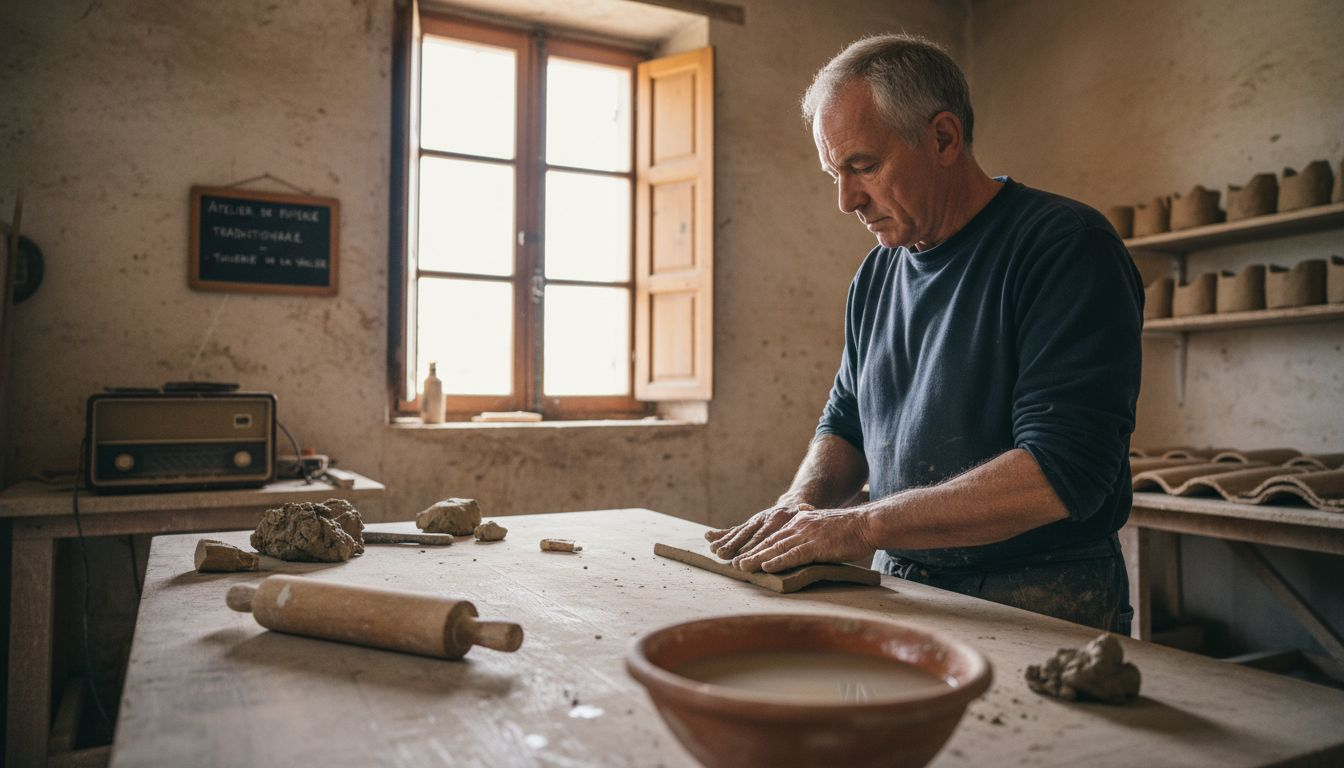 Tuiles canal anciennes : Préserver l’authenticité patrimoniale 2 Dans l’ambiance chaleureuse d’un atelier traditionnel, un artisan façonne à la main des tuiles canal, perpétuant un savoir-faire ancestral.
