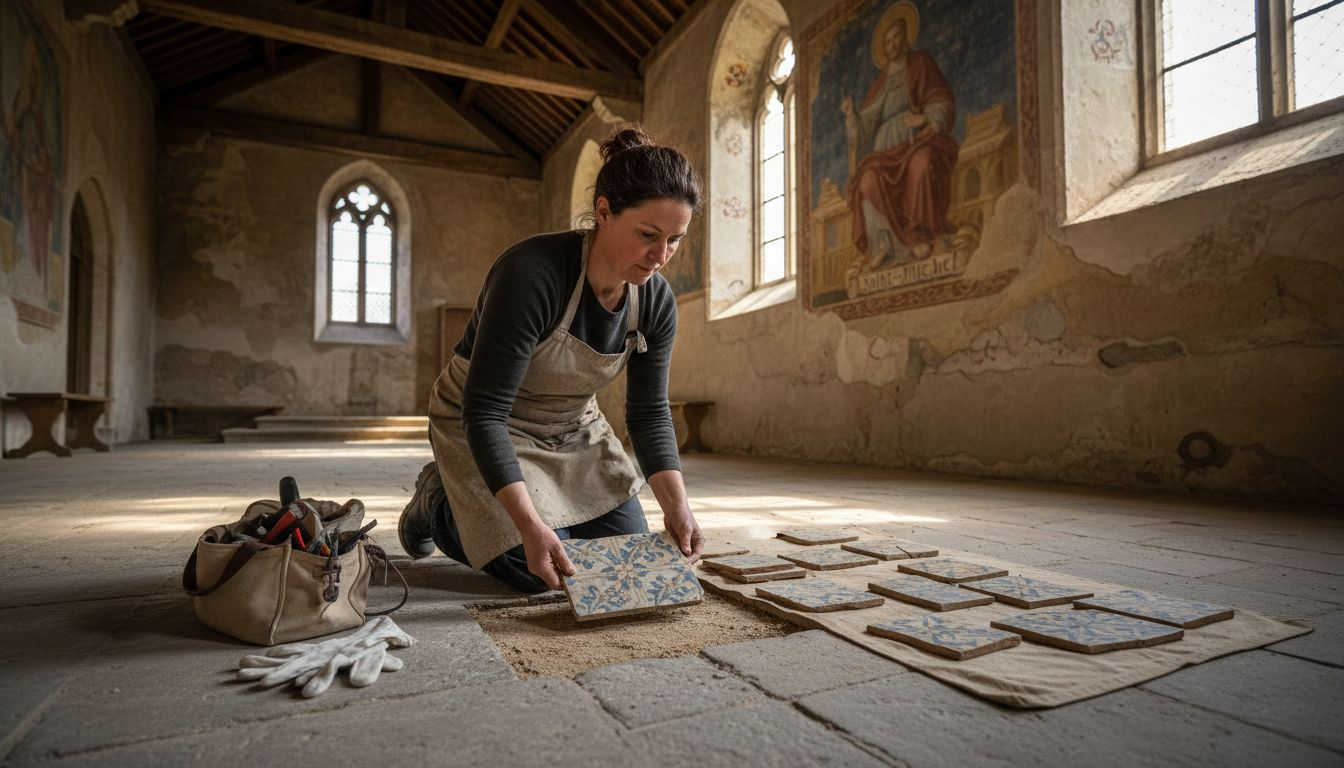 Qualité des Carreaux Anciens : Exigence Patrimoniale 2 Expert intervenant sur des carreaux anciens dans le cadre de la restauration d’un sol historique
