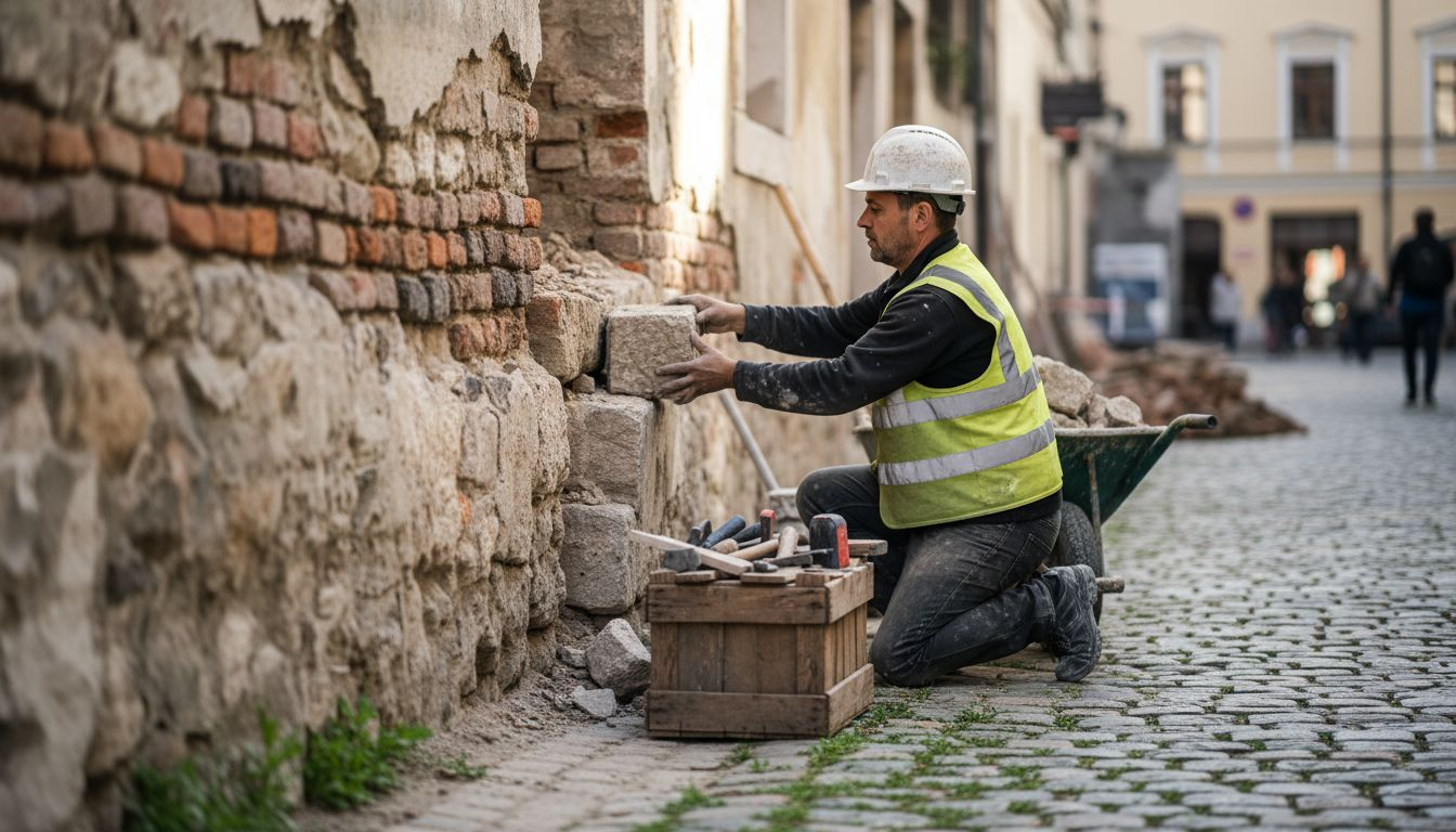 Un artisan maçon travaille la pose de pierres anciennes sur un chantier respectueux de l'environnement.