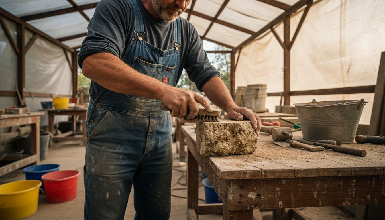 Sur son établi, un artisan s’affaire à redonner vie à une vieille pierre, la nettoyant avec soin pour révéler toute sa beauté.