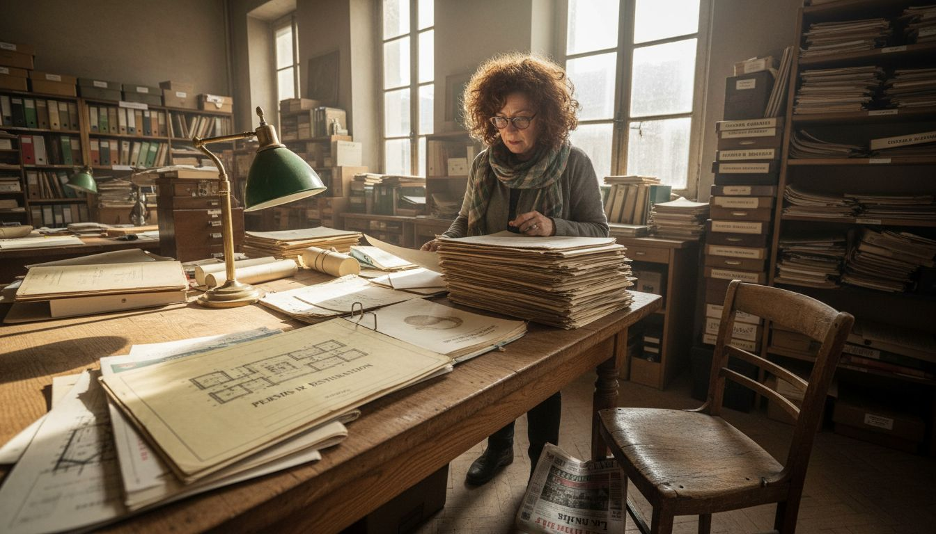 Procédure sélection matériaux anciens pour restauration réussie 2 Une femme en train de vérifier les dossiers de conformité liés à la restauration.