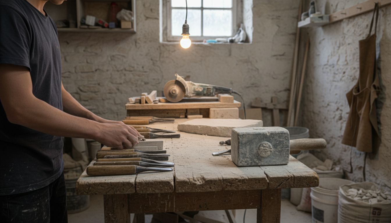 Guide taille de pierre : réussir chaque étape du projet 1 Sur la table, on retrouve tout l’attirail du tailleur de pierre, soigneusement disposé.