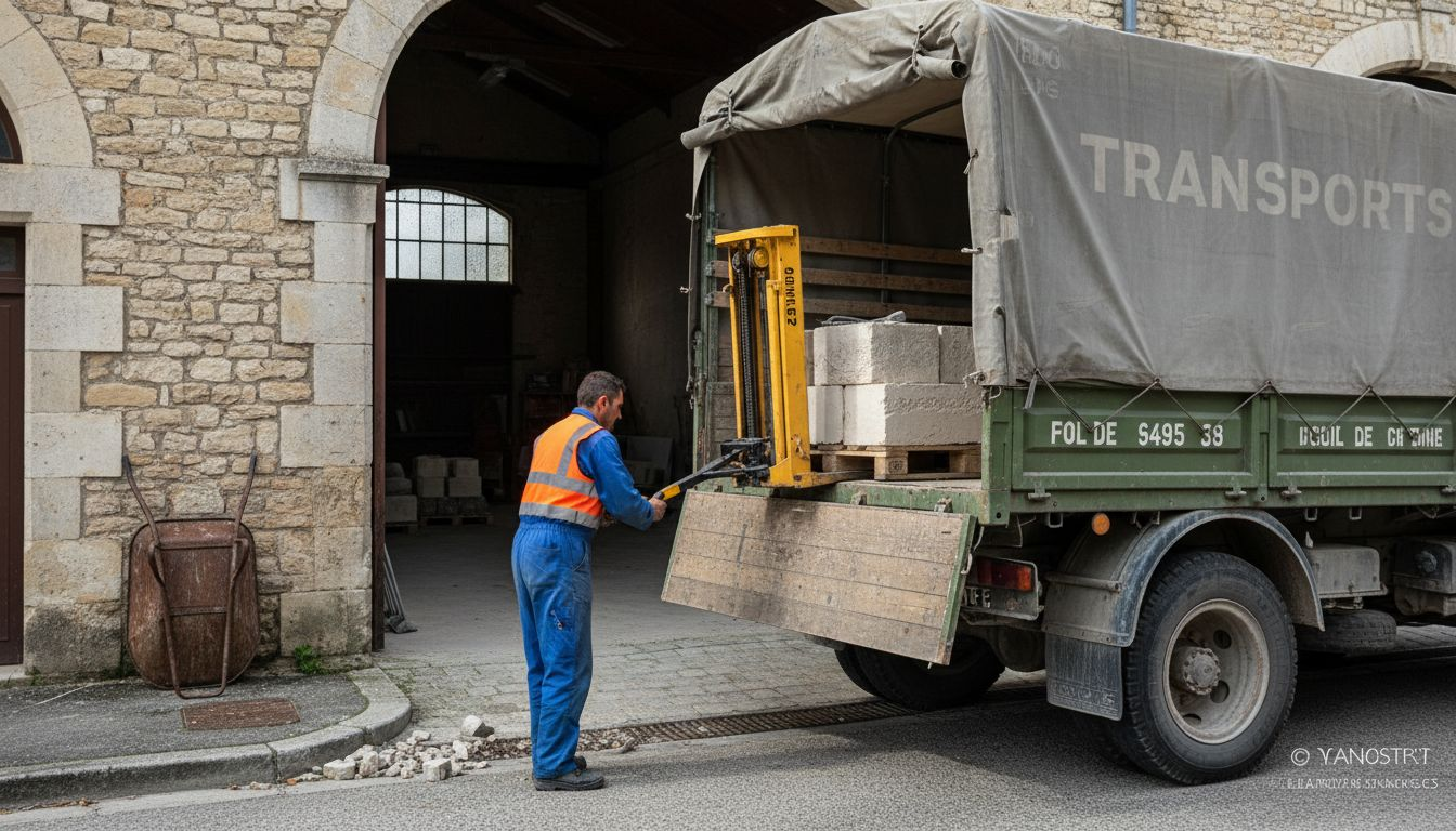 Chargement de pierres naturelles sur palettes dans le camion