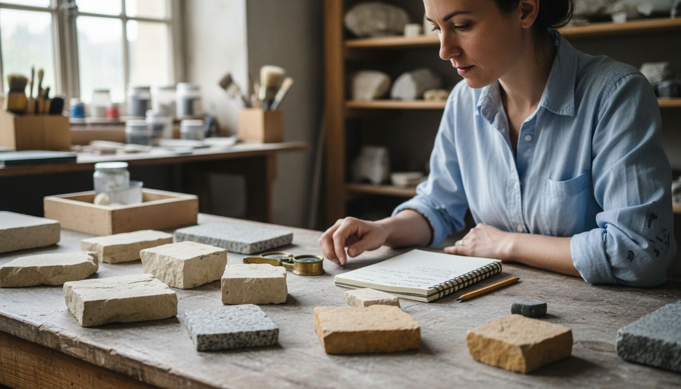 Parement en pierre : impacts sur rénovation patrimoniale 2 Une restauratrice examine minutieusement les pierres destinées à la rénovation.