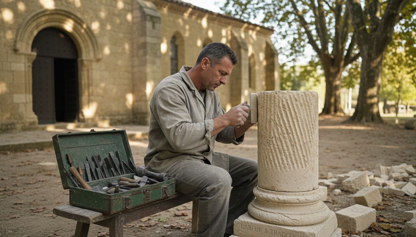 Définition Matériaux Anciens : Authenticité et Patrimoine 2 Un artisan tailleur de pierre s’affaire à redonner tout son éclat à une colonne ancienne en la polissant minutieusement.