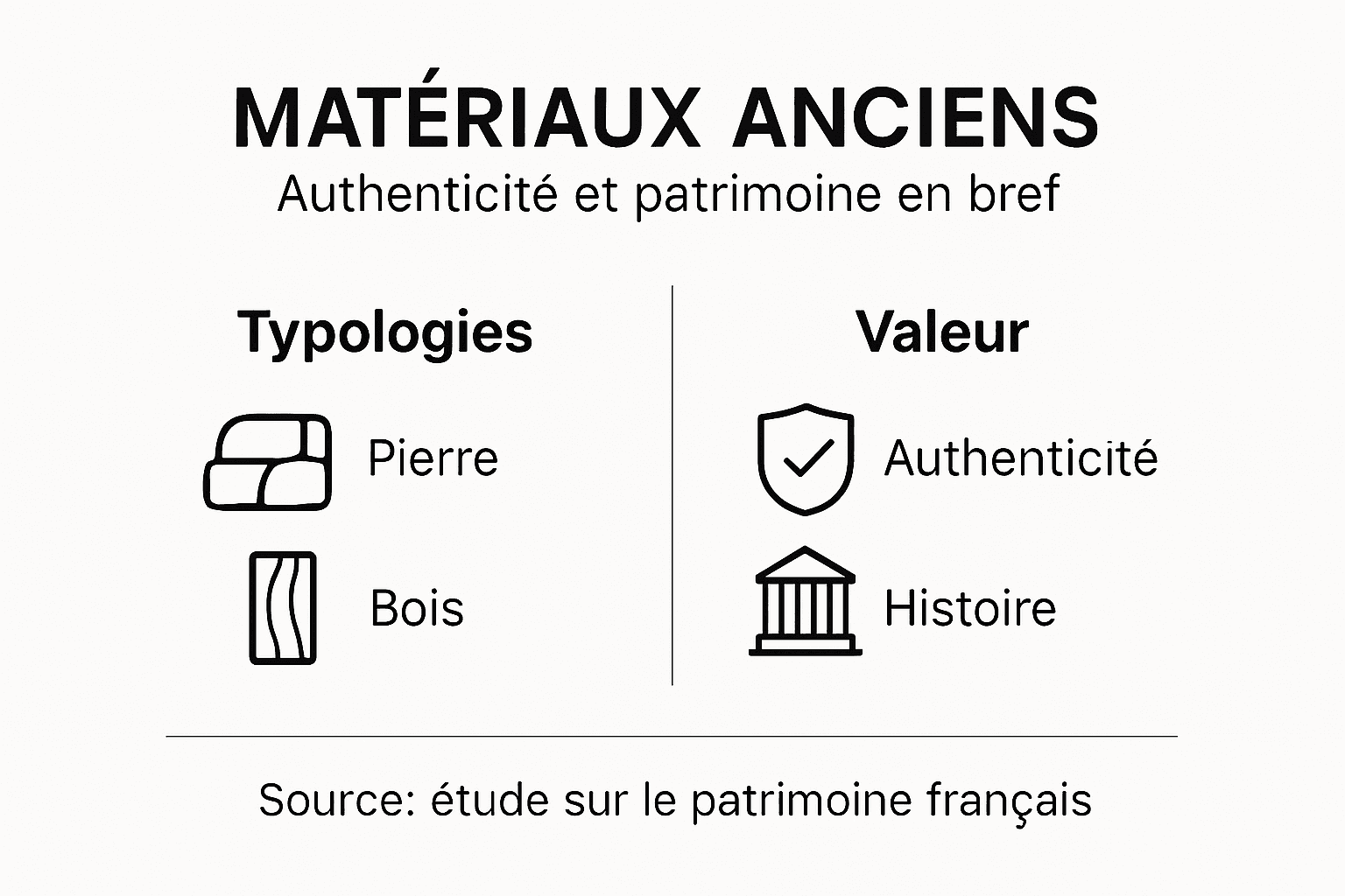Définition Matériaux Anciens : Authenticité et Patrimoine 1 Infographie matériaux anciens et patrimoine, typologies et valeurs