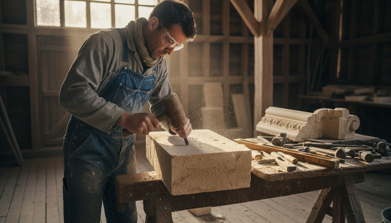 Dans l’ambiance authentique d’un atelier d’époque, un artisan façonne avec passion la pierre calcaire, perpétuant un savoir-faire traditionnel.