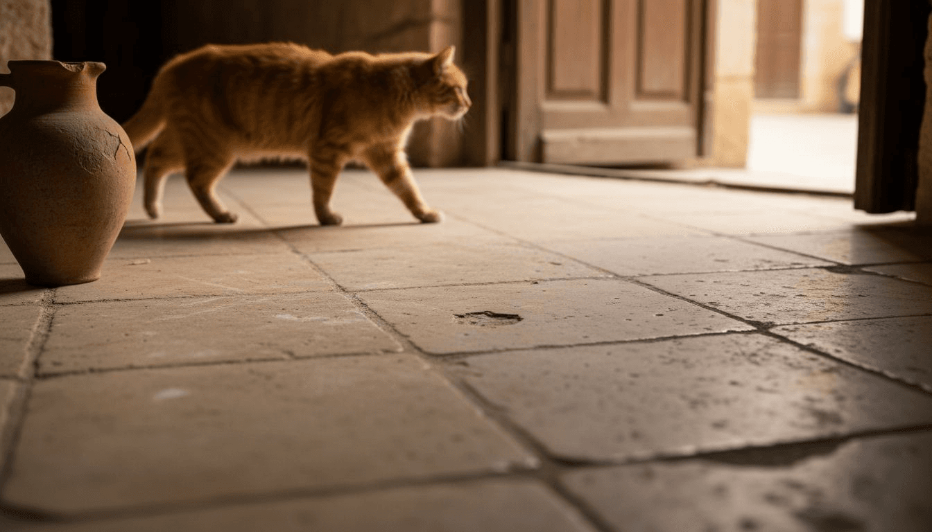 Zoom sur la patine authentique d’un dallage en pierre calcaire