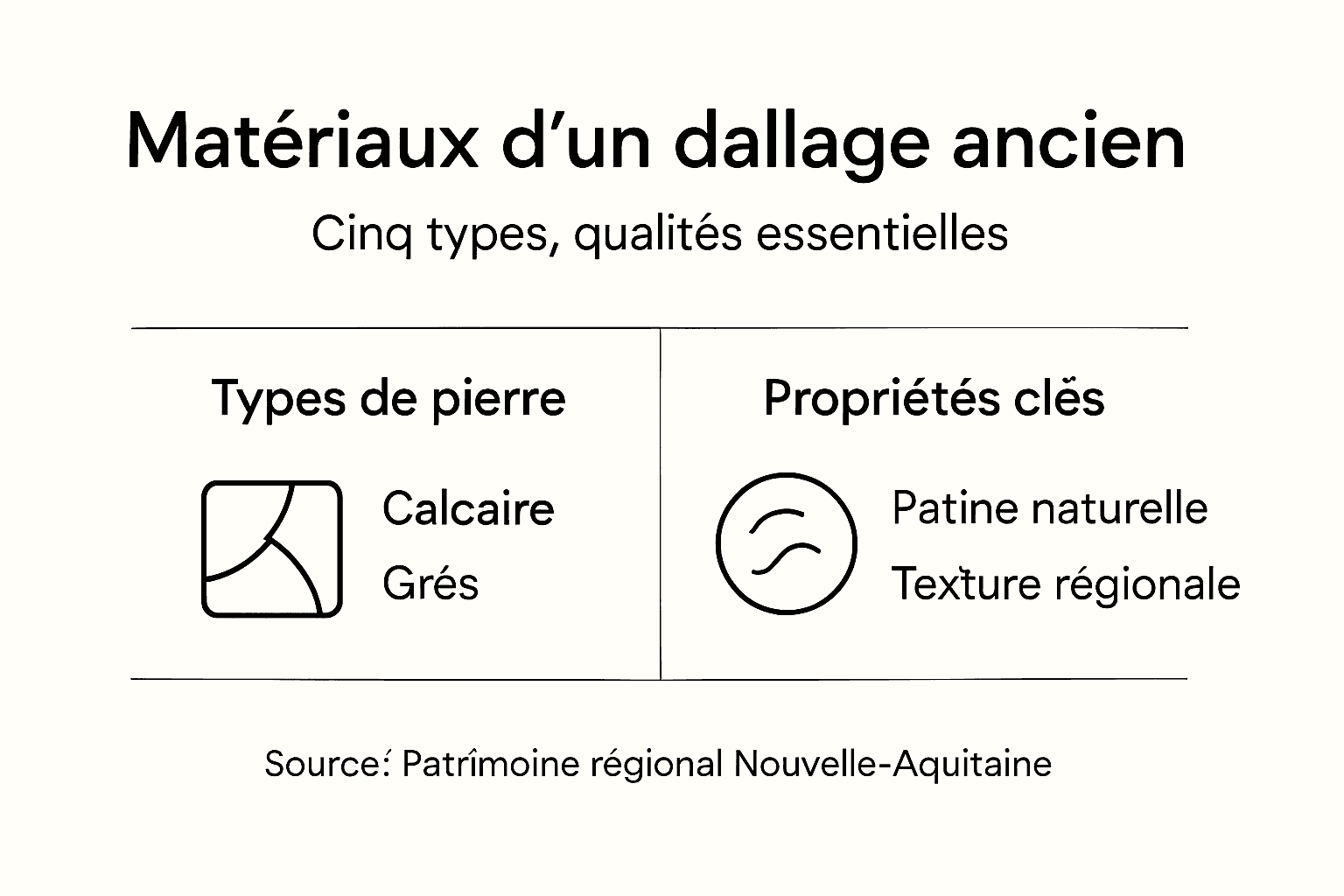 Découvrez notre infographie dédiée aux différents matériaux et aux caractéristiques des dallages anciens : un guide essentiel pour mieux comprendre leur histoire, leur qualité et leurs spécificités.