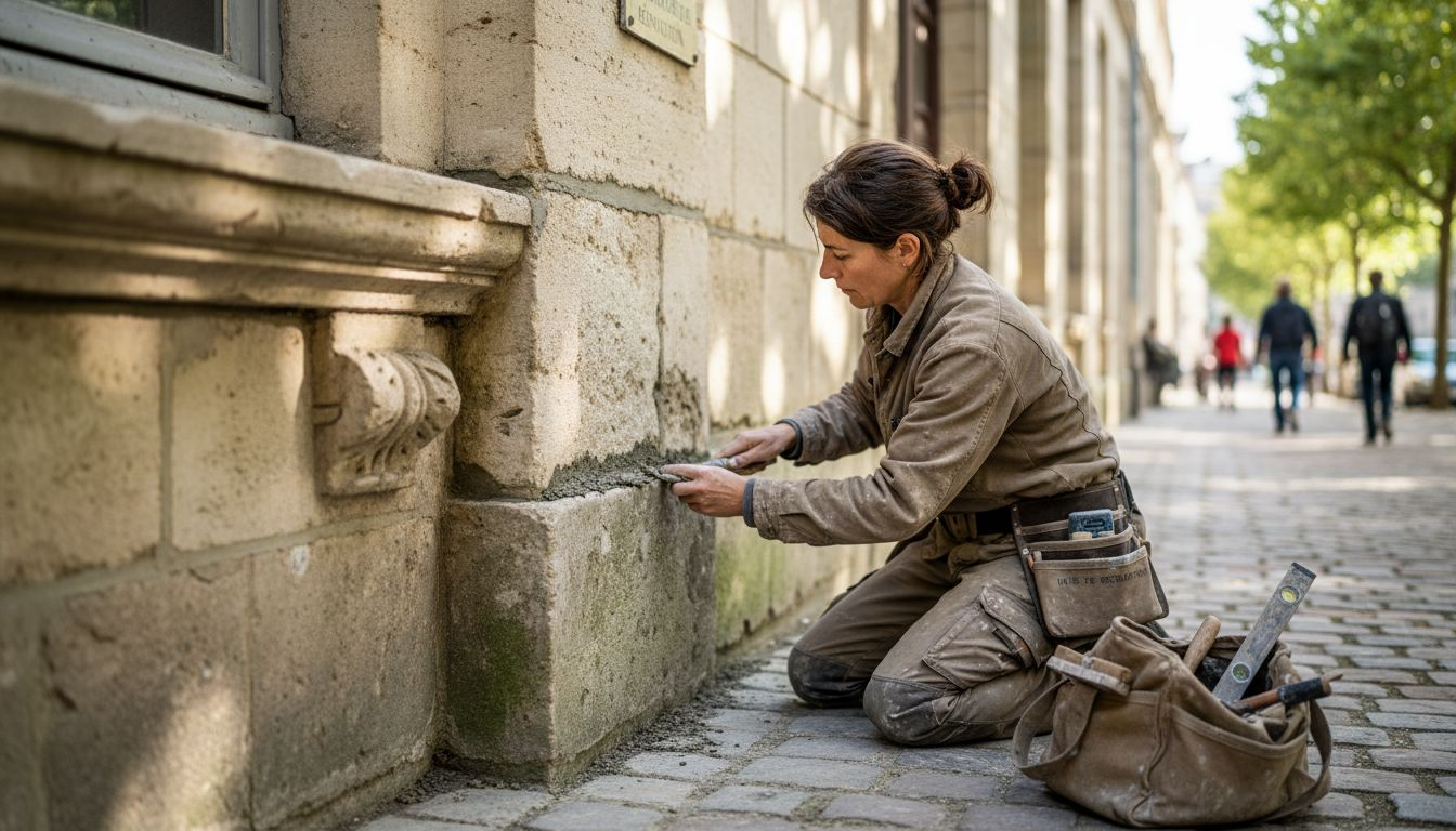 Un ouvrier s’affaire à restaurer la façade en pierre calcaire d’un immeuble, redonnant à l’édifice tout son éclat d’origine.