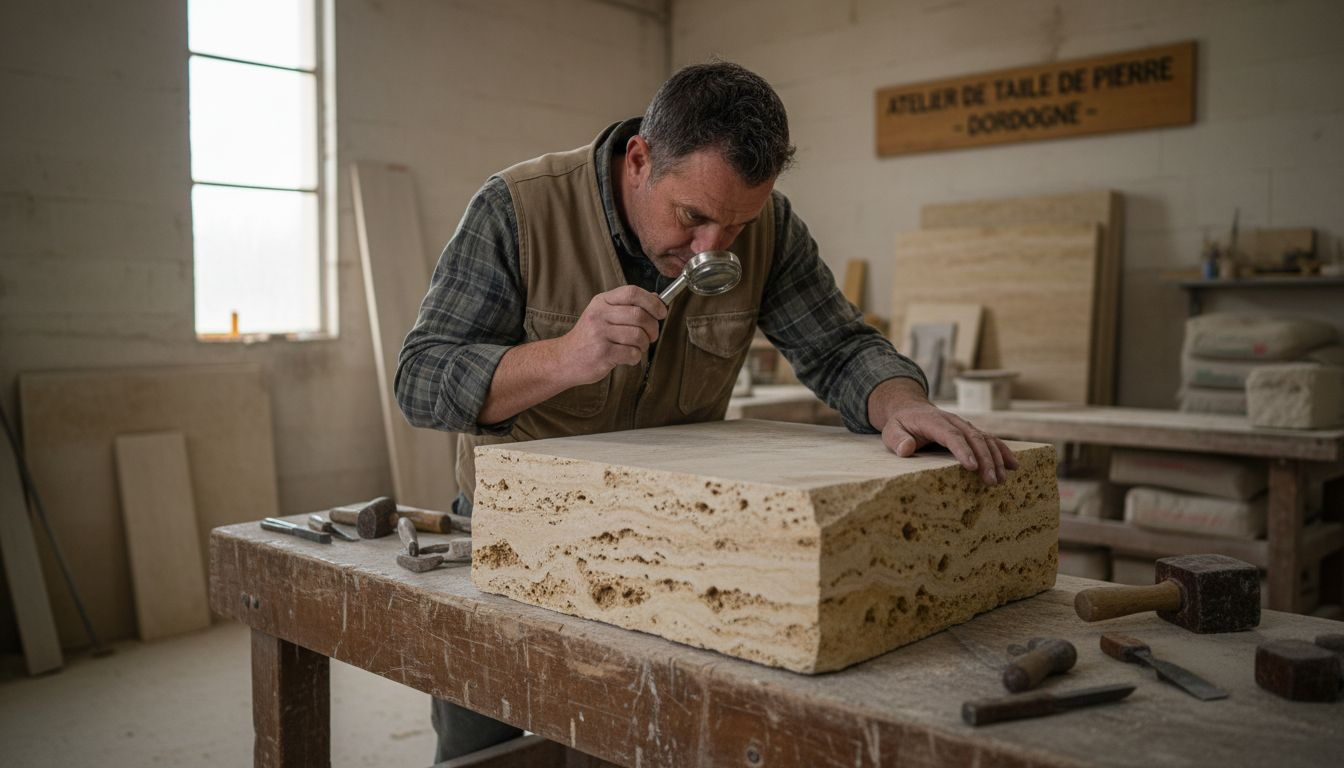 Examen d’un bloc de travertin posé sur l’établi de l’atelier