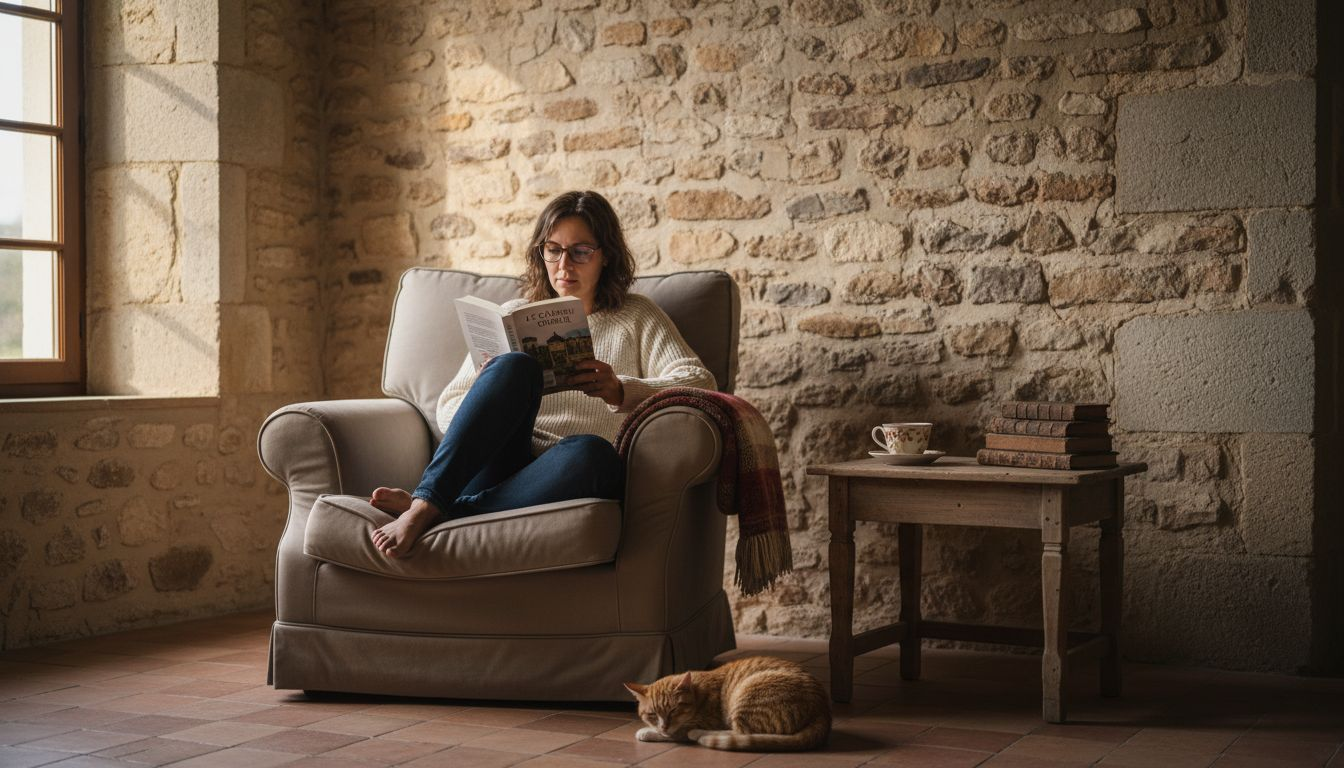 Pierre ancienne : durabilité 100 ans et économie 20% énergie 1 Une femme plongée dans un livre, confortablement installée dans un salon chaleureux aux murs de pierre.