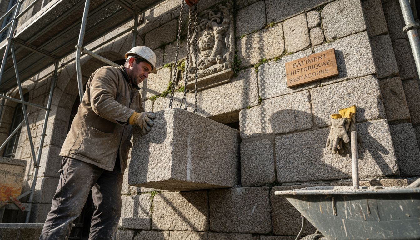 Conseils durabilité pierre naturelle : guide 2026 rénovation 1 Un ouvrier pose un bloc de granit sur le chantier de rénovation.