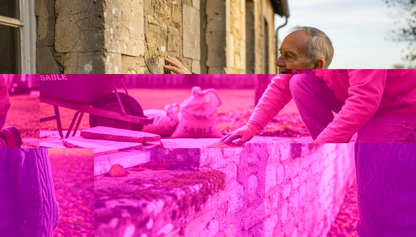 Un maçon inspecte la façade en pierre calcaire vieillie pour évaluer son état.