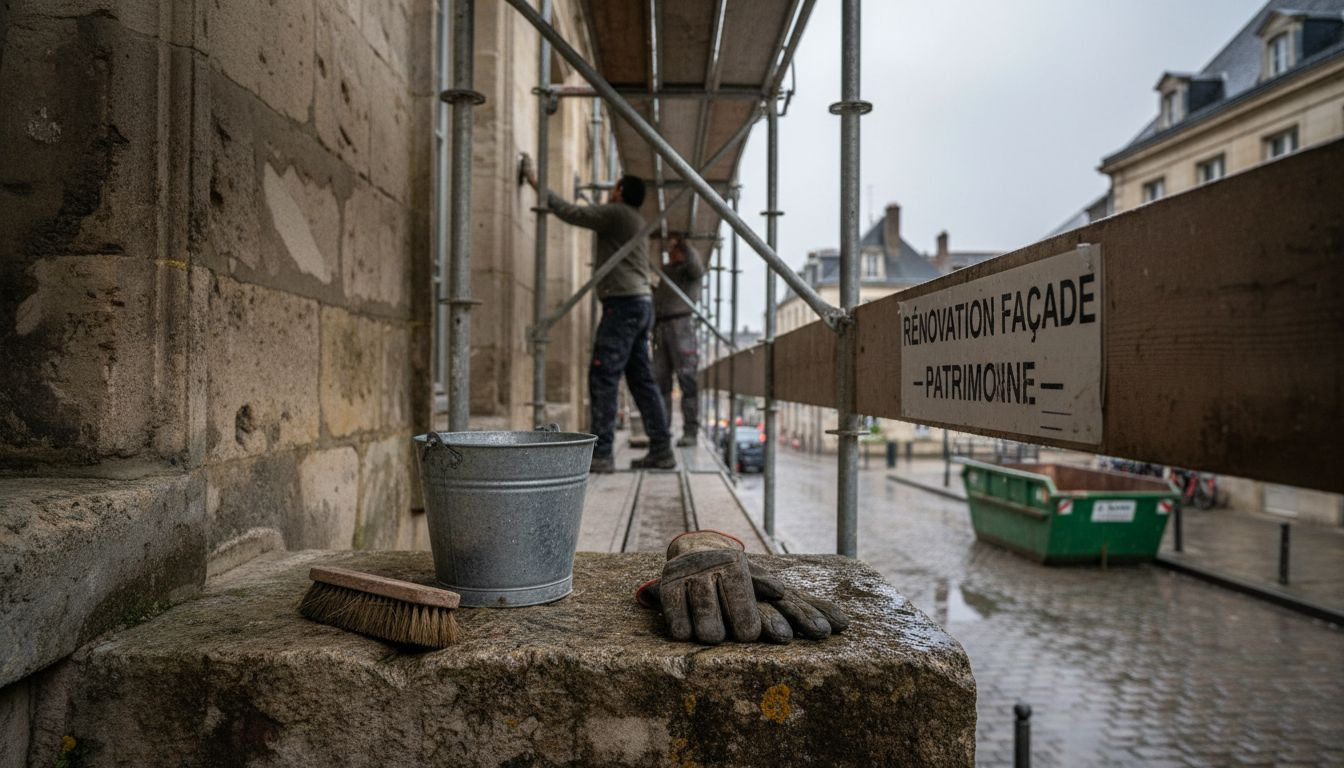 Des artisans s'affairent à restaurer une façade en pierre d'époque, redonnant à l'immeuble tout son éclat.