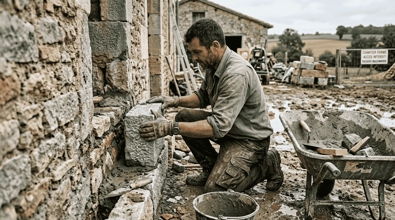 Un maçon pose un bloc de pierre de Bazadais