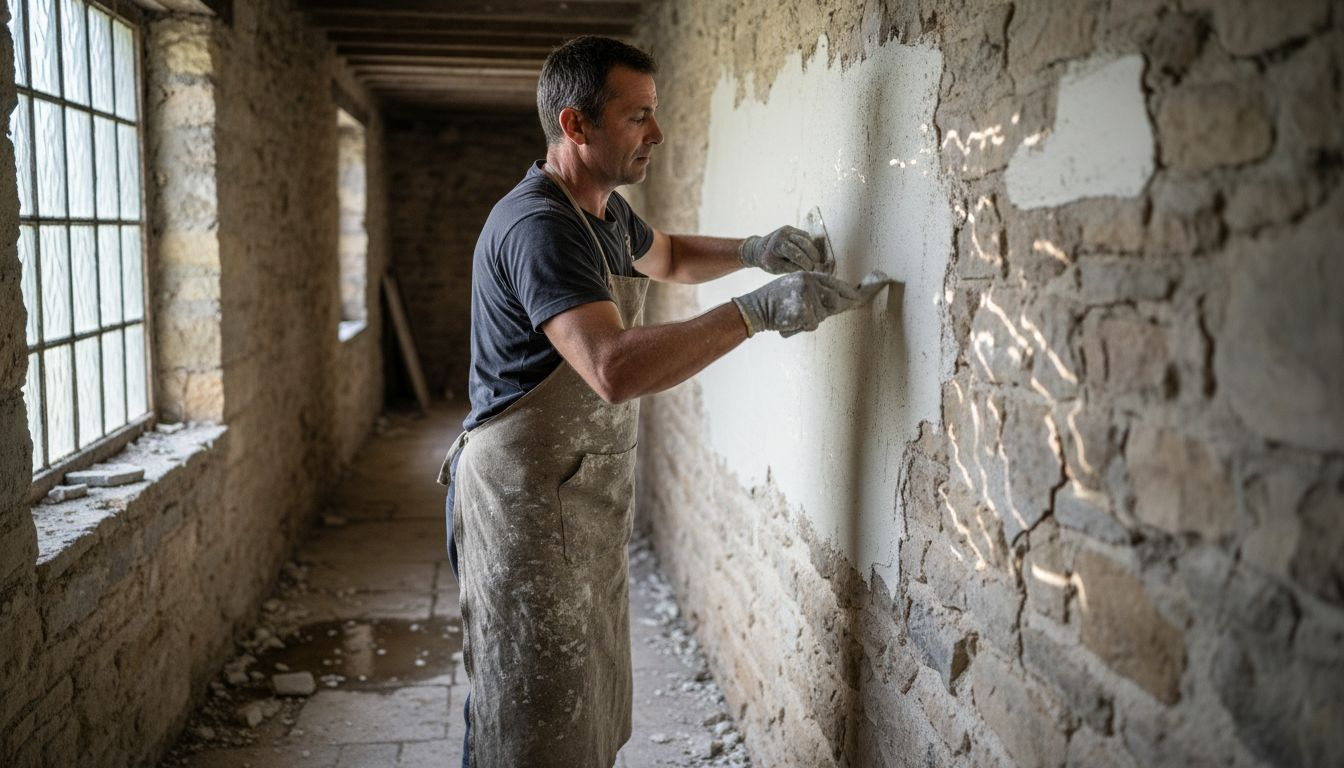 Un artisan maçon applique un enduit à la chaux sur un mur en pierre calcaire.