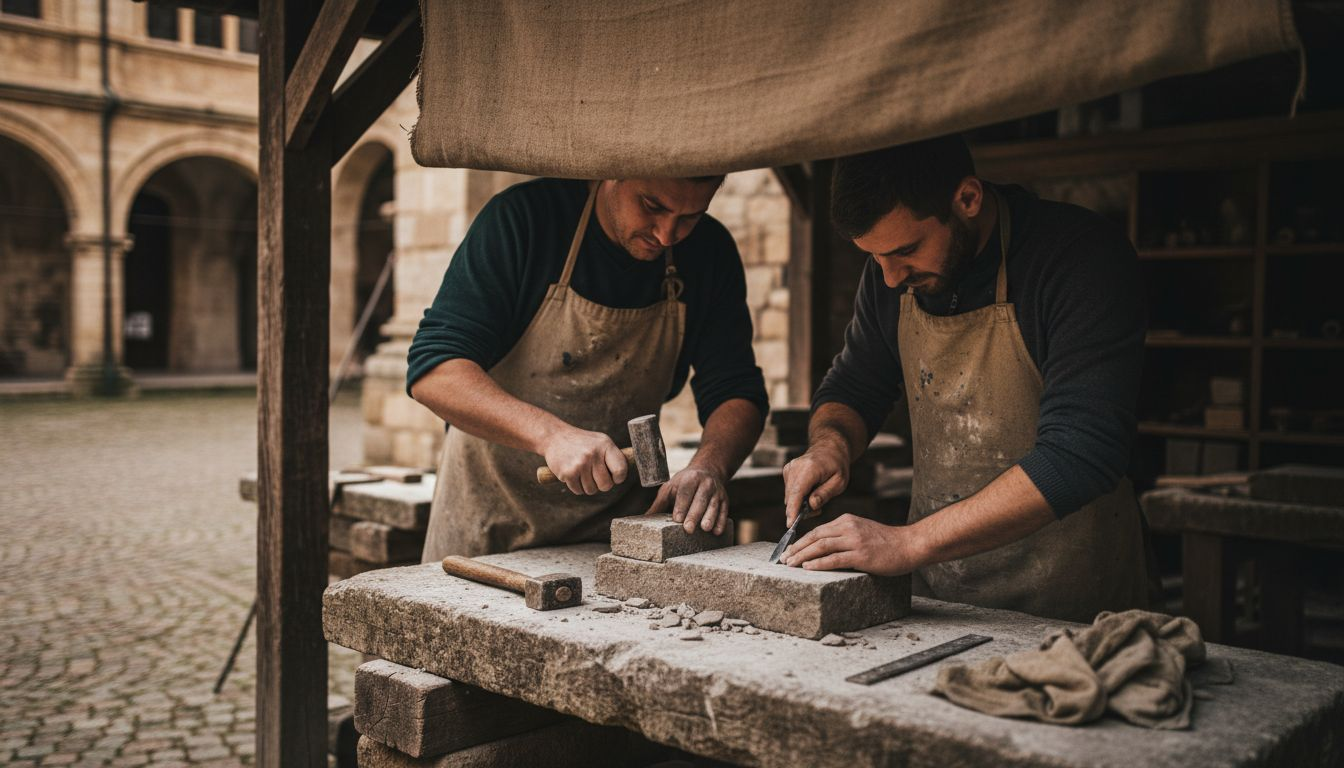 Bonnes pratiques taille de pierre rénovation patrimoniale 2026 1 Des artisans façonnent la pierre à l’aide d’outils ancestraux, perpétuant un savoir-faire traditionnel.