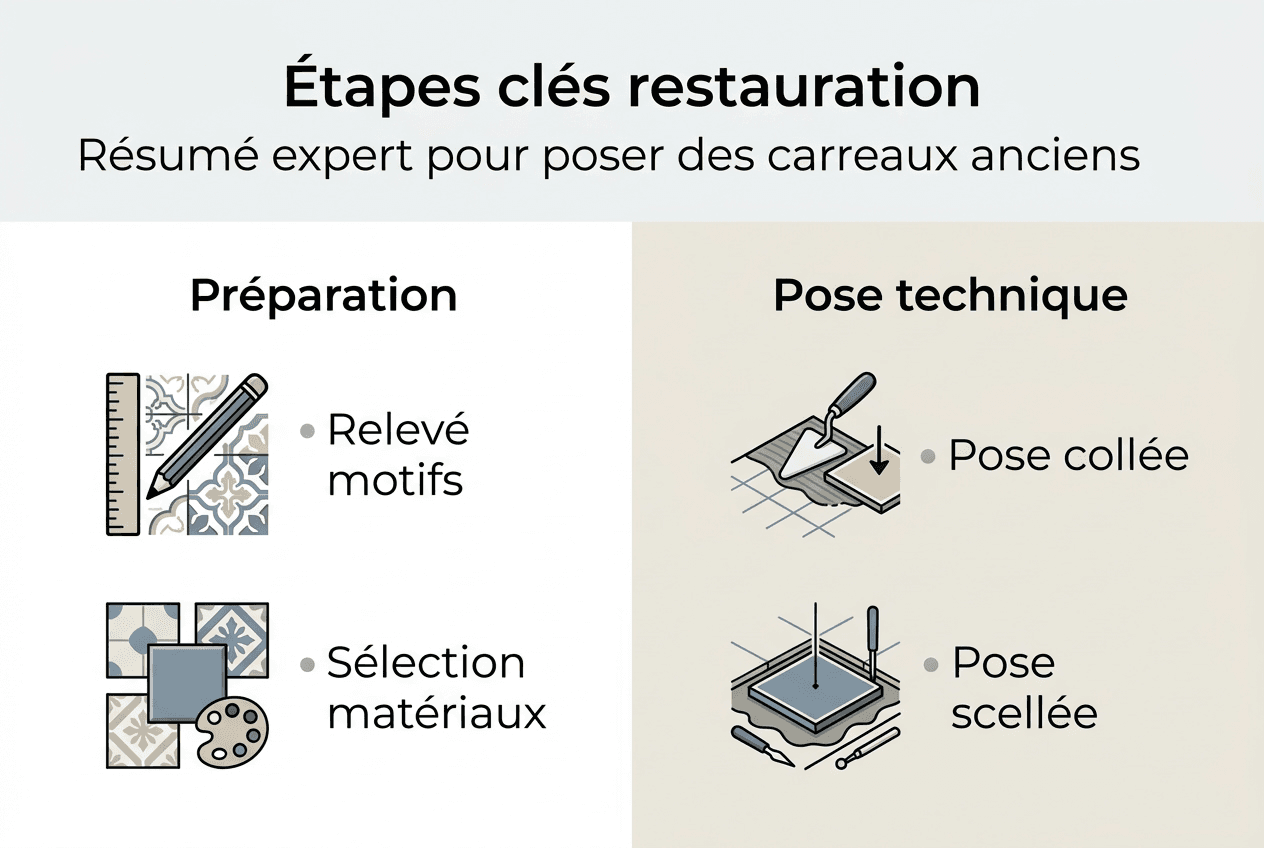Poser des carreaux anciens : guide expert restauration 2026 1 Infographie : les grandes étapes pour redonner vie à vos carreaux anciens