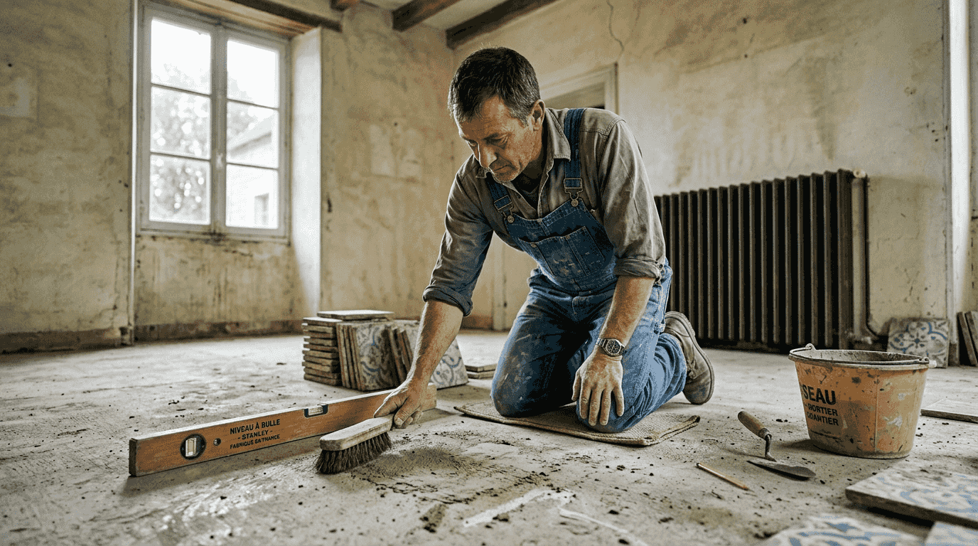 Poser des carreaux anciens : guide expert restauration 2026 2 Préparer soigneusement le sol avant de poser du carrelage : nettoyage approfondi et vérification de la surface pour garantir une pose optimale.