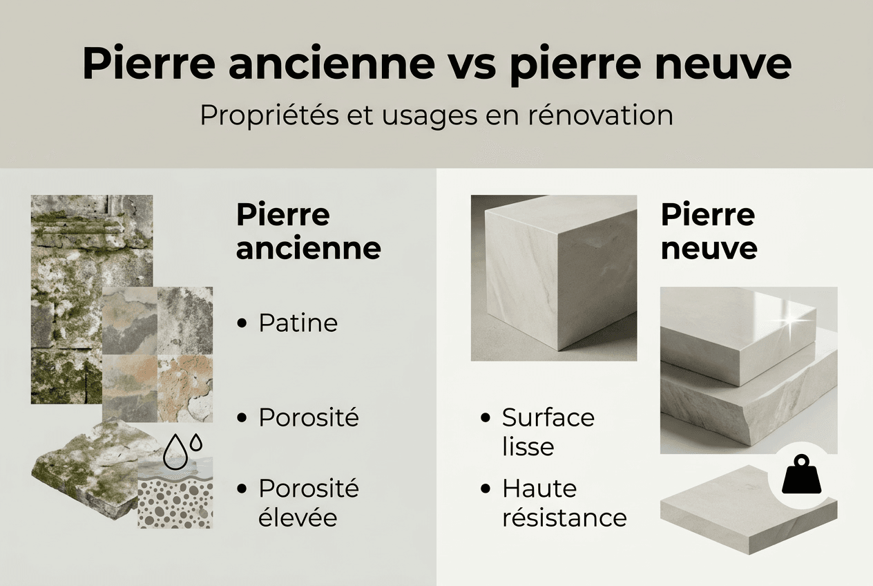 Différence entre pierre ancienne et neuve en rénovation 2026 2 Infographie : pierre ancienne ou pierre contemporaine, le match en un coup d’œil