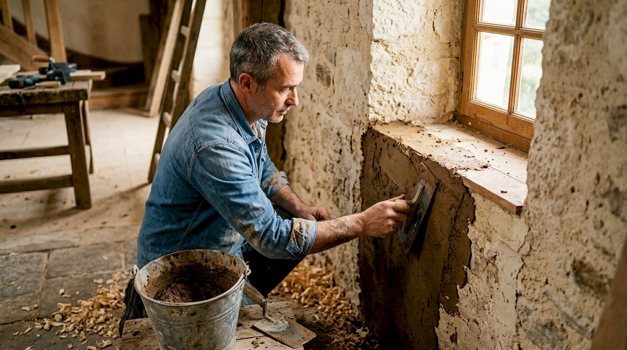 Importance des matériaux authentiques en restauration 2026 1 Un maçon applique un enduit sur un mur en terre crue.