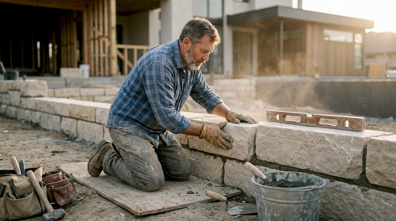 Usages pierre architecture contemporaine : guide expert 2026 1 Un tailleur de pierre en train de poser un bloc de calcaire sur le chantier.