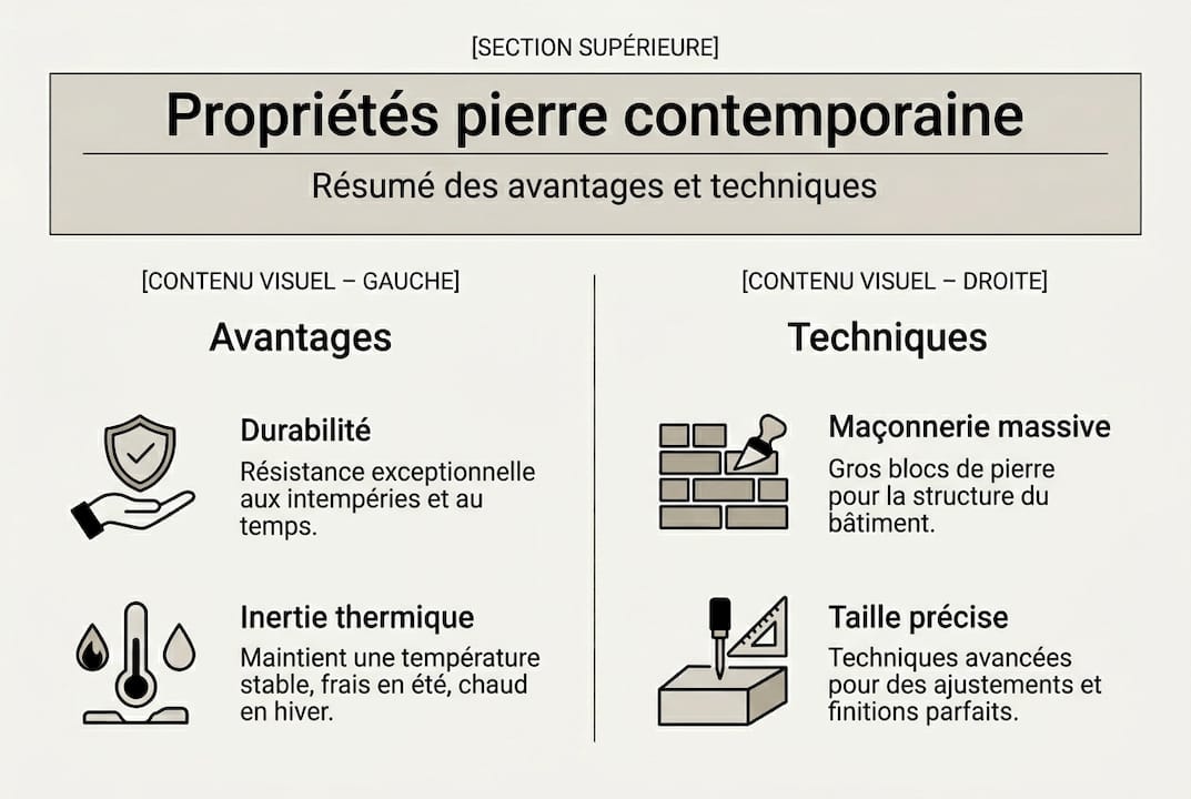 Usages pierre architecture contemporaine : guide expert 2026 2 Découvrez notre infographie mettant en lumière les atouts de la pierre naturelle dans l’architecture : durabilité, esthétique et avantages écologiques.