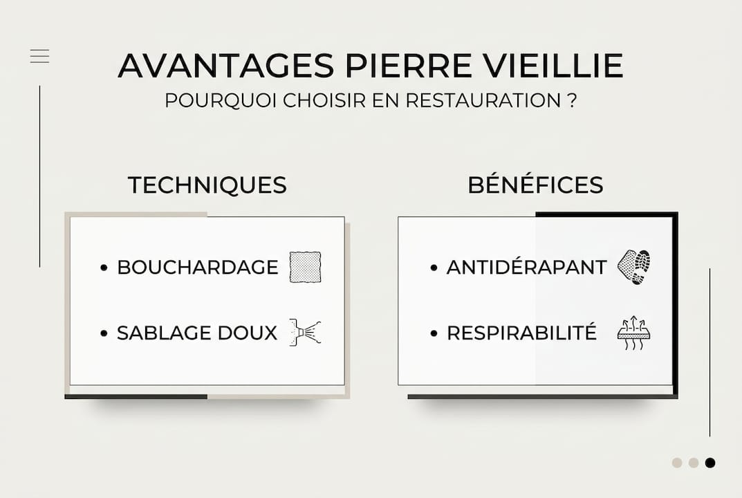 Pierre vieillie : guide complet pour artisans 2026 2 Découvrez en un coup d’œil les avantages de la pierre vieillie et les différentes méthodes pour obtenir cet effet authentique grâce à notre infographie.