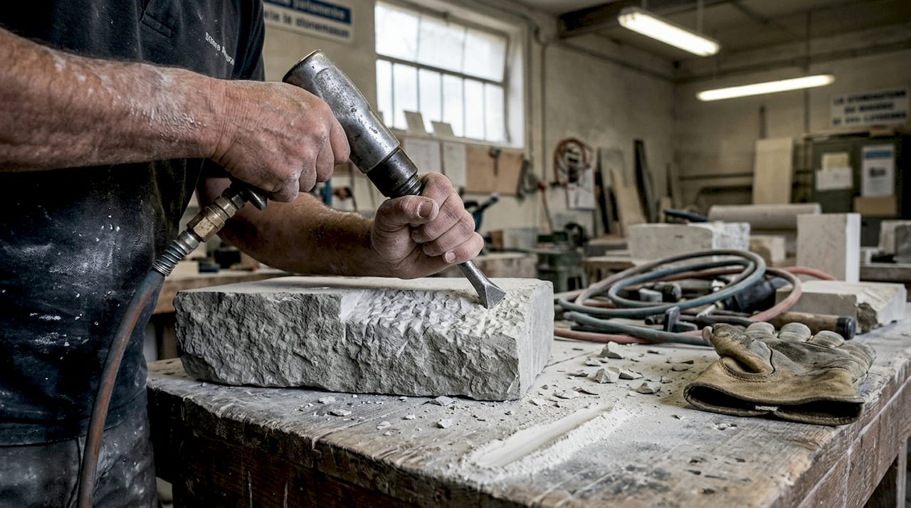 Pierre vieillie : guide complet pour artisans 2026 1 Un artisan façonne la pierre à l’aide d’une boucharde mécanique, donnant ainsi à la surface un aspect brut et authentique.